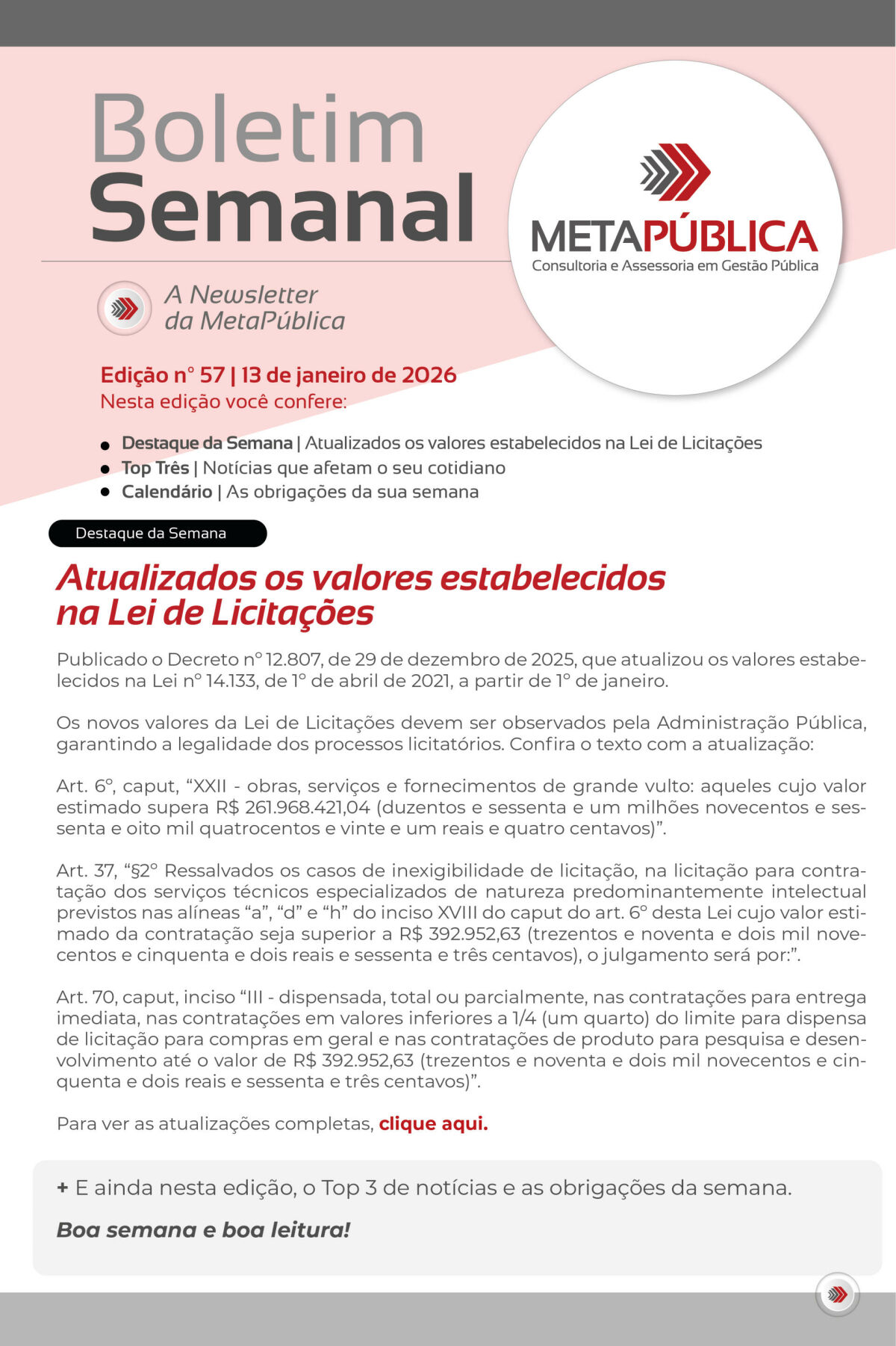 Imagem principal de BOLETIM SEMANAL Nº 57 - 13 DE JANEIRO DE 2026